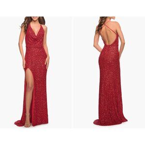 Prom Dress La Femme Size 10 Sequin Gown draped bodice side slit Red Prom Pageant